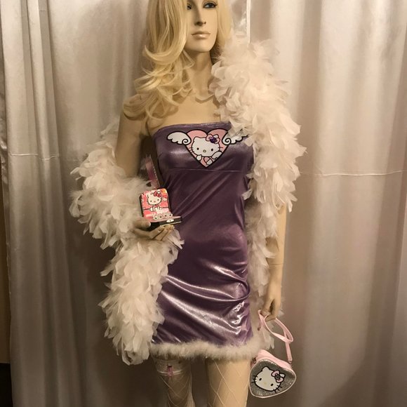 🍭vinatge y2k custom hello kitty dress with feathered trim and crystal earings ! - Picture 2 of 11